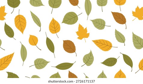 Diseño de patrón natural sin fisuras con varios tipos de hojas de árbol de otoño en tonos de verde, amarillo y marrón sobre un fondo blanco liso.