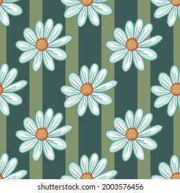 Natural seamless pattern with doodle blue daisy flowers ornament. Green striped background. Nature print. Stock illustration. Vector design for textile, fabric, giftwrap, wallpapers.