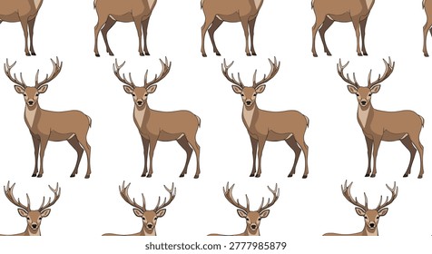 Natural seamless pattern featuring brown deers with large antlers standing in a repetitive grid on white.