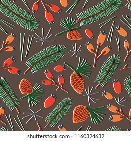 Natural seamless pattern with fir needles, branches of coniferous tree, pine cones, berries on dark background. Forest backdrop. Autumn vector illustration in flat style for fabric print, wallpaper.