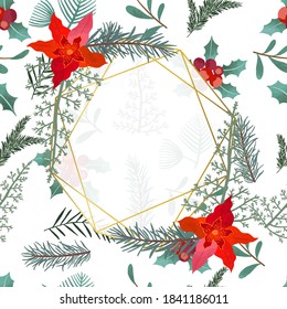 Natural seamless pattern with flower,leaf,holly for Christmas holiday