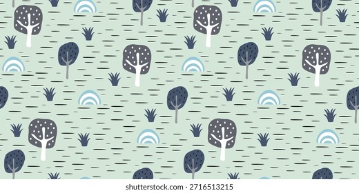 Patrón natural sin fisuras. Bosque de árboles sobre fondo verde, planta y piedra. Paisaje, medio ambiente. Diseño plano de la historieta. Para Fondo de pantalla, textiles, embalaje, fondos o Sitios web. Vector.