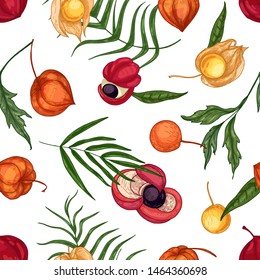 Natural seamless pattern with fresh ripe guarana and physalis fruits and berries on white background. Backdrop with organic superfoods. Realistic vector illustration for wallpaper, textile print.