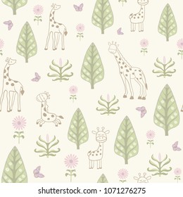Natural Seamless Pattern with Giraffe and Trees. Abstract Kids Design Pattern. Vector Illustration.