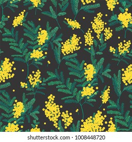 Natural seamless pattern with gorgeous blooming mimosa flowers on black background. Backdrop with spring flowering plants. Vector illustration in vintage style for textile print, wrapping paper Natural seamless pattern with gorgeous blooming mimosa flowers on black background. Backdrop with spring flowering plants. Vector illustration in vintage style for textile print, wrapping paper