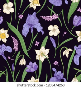 Natural seamless pattern with gorgeous tender wild and garden blooming flowers and leaves on black background. Hand drawn floral vector illustration in vintage style for backdrop, fabric print.