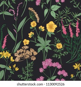Natural seamless pattern with gorgeous wildflowers or blooming flowers and wild meadow flowering herbs on black background. Elegant hand drawn vector illustration for wrapping paper, fabric print