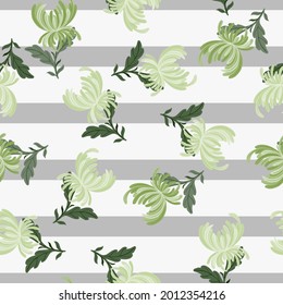 Natural seamless pattern with green abstract chrysanthemum flowers print. Striped background. Flat vector print for textile, fabric, giftwrap, wallpapers. Endless illustration.