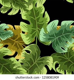 Natural seamless pattern with green tropical leaves or scattered exotic foliage of jungle plants. Hawaiian backdrop. Colored botanical vector illustration for wrapping paper.