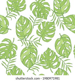 Natural seamless pattern with green tropical palm leaves on white background. Backdrop with foliage of exotic trees growing in jungle. Vector illustration for textile print, wallpaper, wrapping paper.