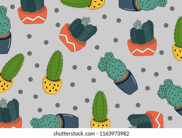 Natural seamless pattern with hand drawn green cactus on white background.