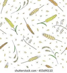 Natural seamless pattern with hand drawn cereals and grains.