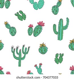 Natural seamless pattern with hand drawn green cactus on white background. Blooming Mexican desert plants. Botanical vector illustration for backdrop, wrapping paper, textile print, wallpaper.