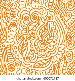 Natural seamless pattern. Hand-drawn curved doodling background. Vector illustration.