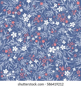 Natural seamless pattern with leaves and flowers on dark background. Illustration in millefleur style.