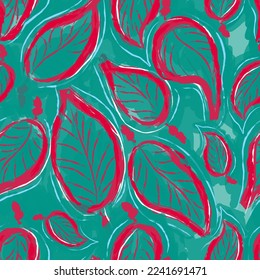 Natural seamless pattern leaves. Ragged magenta leaves. Fashion trendy pattern on a sea wave background.