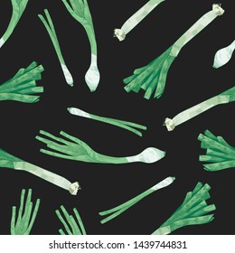 Natural seamless pattern with leek on black background. Backdrop with tasty ripe fresh organic vegetable, food ingredient. Vector illustration in elegant vintage style for wrapping paper, wallpaper.