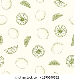 Natural seamless pattern with lemons, whole and cut into pieces hand drawn with contour lines on light background. Backdrop with citrus fruits. Monochrome vector illustration for wrapping paper.