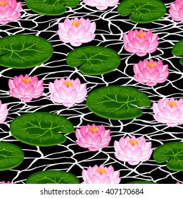 Natural seamless pattern with lotus flowers and leaves. Background made without clipping mask. Easy to use for backdrop, textile, wrapping paper.