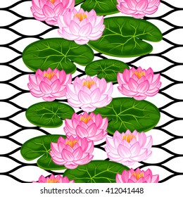 Natural seamless pattern with lotus flowers and leaves. Background made without clipping mask. Easy to use for backdrop, textile, wrapping paper.