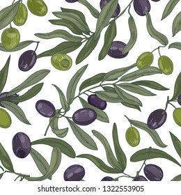 Natural seamless pattern with olive tree branches, leaves, black and green ripe fruits or drupes on white background. Realistic hand drawn vector illustration for fabric print, wrapping paper.