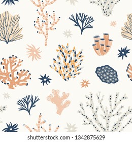 Natural seamless pattern with orange and blue corals, seaweed or algae. Backdrop with oceanic species, aquatic flora and fauna, biodiversity of tropical seabed. Flat vector illustration for wallpaper.