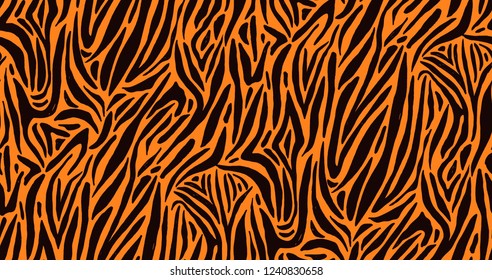 Natural seamless pattern with orange zebra or tiger coat of fur texture. Bright colored animal backdrop with stripes. Vector illustration in flat style for wrapping paper, textile print, wallpaper.