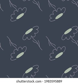 Natural seamless pattern with outline daisy flowers shapes. Navy blue dark background. Blossom backdrop. Perfect for fabric design, textile print, wrapping, cover. Vector illustration.