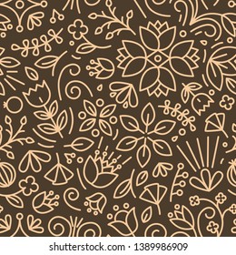 Natural seamless pattern with outlines of blooming flowers and leaves on dark background. Botanical backdrop with flowering wild plants. Summer vector illustration in linear style for fabric print.