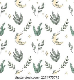 Natural seamless pattern with plants and crescents. Vector illustration