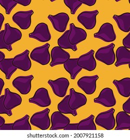 Natural seamless pattern with random purple fig ornament. Orange background. Vegeterian fruit artwork. Designed for fabric design, textile print, wrapping, cover. Vector illustration.