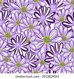 Natural seamless pattern with random purple contoured daisy flowers ornament. Cute floral hand drawn artwork. Stock illustration. Vector design for textile, fabric, giftwrap, wallpapers.