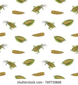 Natural seamless pattern with realistic hand drawn cobs of sweet corn on white background. Backdrop with fresh organic corncobs and leaves. Elegant vector illustration for textile print, wallpaper.