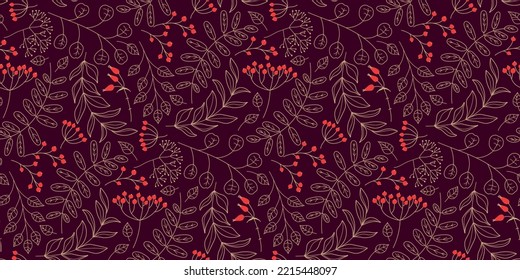 Natural seamless pattern with red Berries and twigs. Floral autumn or winter vector Design for wallpaper, wrapping, scrapbooking, manufacturing. Merry Christmas, Happy New Year Repeated background.