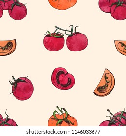 Natural seamless pattern with sliced and whole red tomatoes on light background. Backdrop with healthy fresh raw vegetarian food. Vector illustration for fabric print, wrapping paper, wallpaper