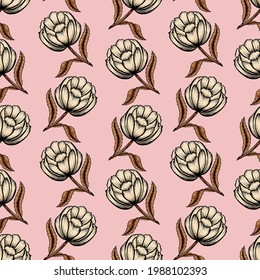 Natural seamless pattern with tender peony pink ink flowers hand drawn with contour lines. Realistic botanical vector illustration.