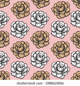Natural seamless pattern with tender peony pink ink flowers hand drawn with contour lines. Realistic botanical vector illustration.