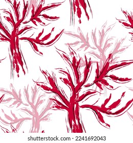 Natural seamless pattern trees. Ragged magenta trees. Fashion trendy pattern in Japanese style.