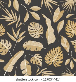 Natural seamless pattern with tropical foliage. Backdrop with leaves of jungle plants and exotic palm branches. Monochrome realistic vector illustration for fabric print, wrapping paper, wallpaper.