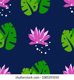 Natural seamless pattern with tropical leaves and lotuses on a dark background. Ornament for textile and wrapping. Vector.