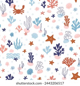 Natural seamless pattern with undersea flora and fauna, sea or ocean life. Undersea backdrop with coral, algae, starfish, shells. Beautiful coral reefs. Flat vector illustration