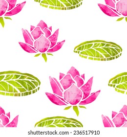 Natural seamless pattern with watercolor lotus flowers, leafs on a white background. Floral texture, batik. Cloth art design. Wallpaper 