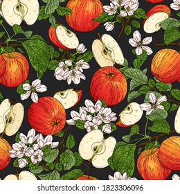 Natural seamless pattern with whole apple, half, flower, branch and leaves isolated on dark background. Organic fruit background for textiles, banner, wrapping paper and other designs