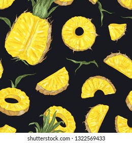 Natural seamless pattern with whole and cut fresh pineapples on black background. Backdrop with exotic juicy fruit. Realistic vector illustration in vintage style for wallpaper, wrapping paper.