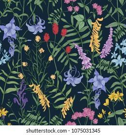 Natural seamless pattern with wild blooming flowers and flowering herbaceous plants on black background. Gorgeous floral backdrop with wildflowers and herbs. Vector illustration for textile print
