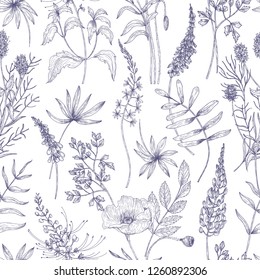 Natural seamless pattern with wild blooming flowers and flowering herbs drawn with contour lines on white background. Realistic botanical vector illustration in vintage style for wrapping paper.