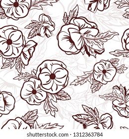 Natural seamless pattern with wild blooming poppies and flowering herbs drawn with contour lines on white background. Realistic botanical vector illustration in vintage style for wrapping paper.Eps10