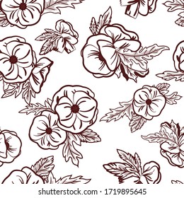 Natural seamless pattern with wild blooming poppies and flowering herbs drawn with contour lines on white background. Realistic botanical vector illustration in vintage style for wrapping paper.Eps10