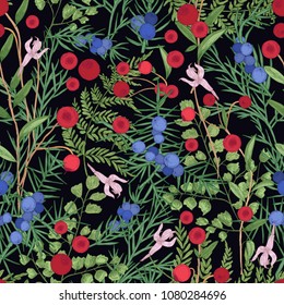 Natural seamless pattern with wild cranberry, juniper sprigs and fern on black background. Gorgeous floral backdrop with forest plants and berries. Vector illustration for textile print, wallpaper