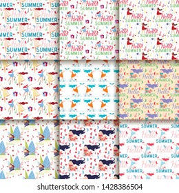 Natural Seamless Patterns Summer Mood Flat Backgrounds. Vector Colorful Cartoon Endless Illustration. Wrapping Paper and Print Texture Collection with Lettering, Woman Characters, Flowers and Leaves